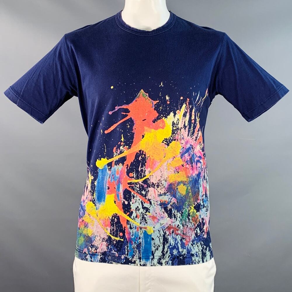 JUNYA WATANABE Size L Blue Multi Color Paint Splatter Cotton Crew Neck T-shirt